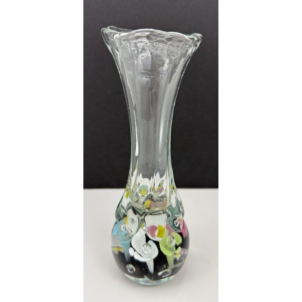 Vintage MCM St Clair Art Glass Bud Vase Pastel Flowers Handblown with Bubbles